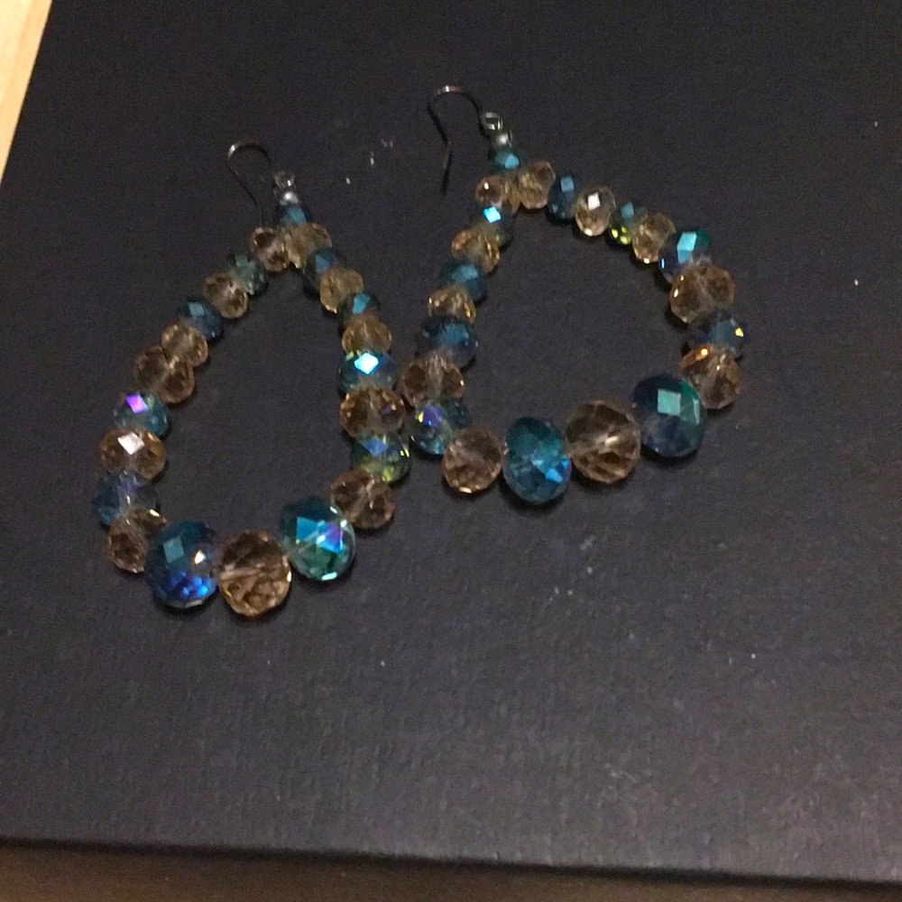 Beaded blue and tan handmade earrings